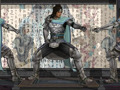 Ancient Style Armored Game Movie Character Standing Pose with Surrounding Figures and Patterned Background Screen 3d model