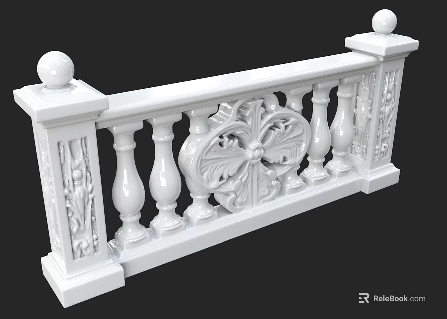 White Decorative Railing with Carved Floral Patterns Spherical Finials and Ornate Balusters 3d model 