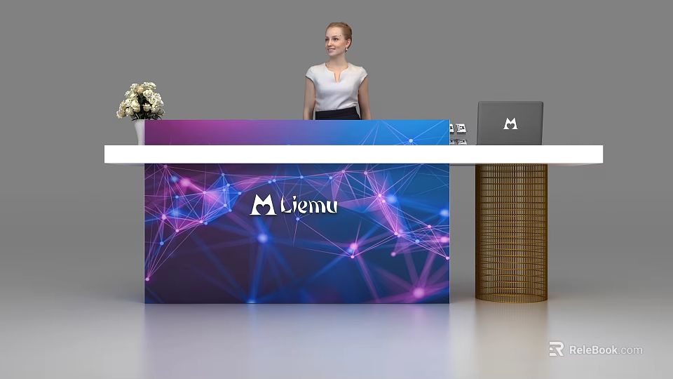 Modern Reception Desk With Lienu Logo Digital Network Pattern And Flower Vase 3d model