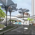 Modern Commercial Street Featuring Stylish Canopies Pedestrians High Rise Buildings Greenery And Lights