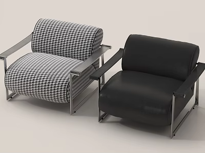 Modern Single Sofa With Black And White Houndstooth And Black Leather Upholstery Metal Armrests 3d model