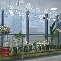 Floral Art Display With Hanging Geometric Transparent Decorations And Green Plants In Modern Building Background