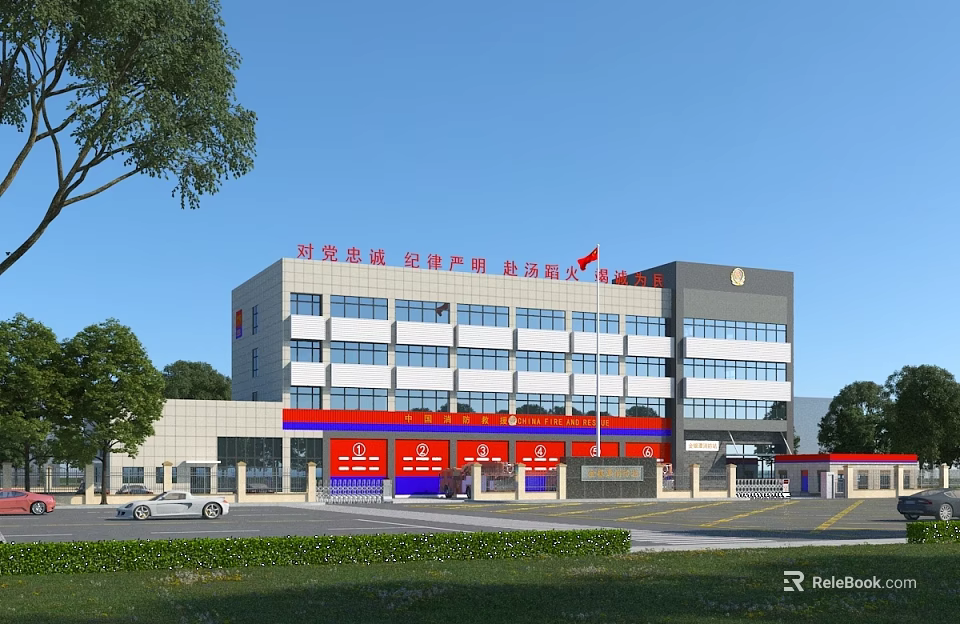 Modern Multi Story Office Building Featuring Red Banners National Flags Windows Trees And Vehicles 3d model 