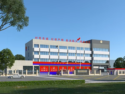 Modern Multi Story Office Building Featuring Red Banners National Flags Windows Trees And Vehicles 3d model