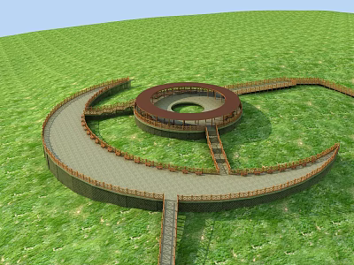 Circular Road Facility With Pedestrian Paths And Wooden Railings In Green Grassland 3d model