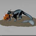 Blue Scaly Dragon with Long Tail Interacting with Orange Puffy Fish on Sandy Ground