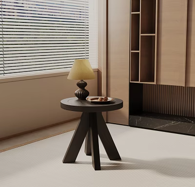 Modern Minimalist Side Table With Wooden Base Lamp And Plate Near Blinds 3d model