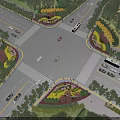 Municipal Road Intersection Design With Vehicles Green Belts Flower Beds And Trees
