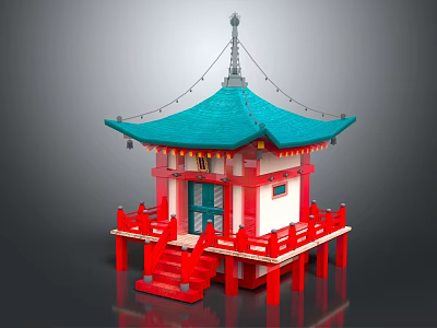 Cartoon Scenery Japanese Pavilion With Turquoise Roof Red Railings White Walls Hanging Lanterns And Steps 3d model