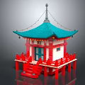 Cartoon Scenery Japanese Pavilion With Turquoise Roof Red Railings White Walls Hanging Lanterns And Steps