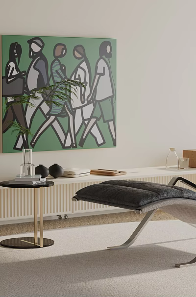 Black Leather Lounge Chair with Metal Frame and Abstract Painting on White Rug 3d model