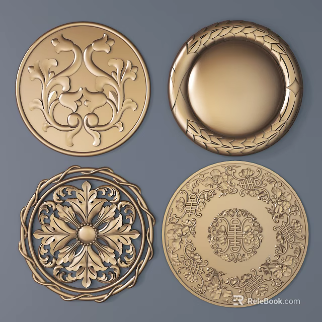 Golden Decorative Circular Carvings With Intricate Floral And Geometric Patterns 3d model 