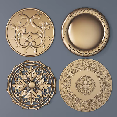 Golden Decorative Circular Carvings With Intricate Floral And Geometric Patterns 3d model