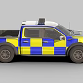 Police Truck With Blue And Yellow Checkered Design And Roof Emergency Lights