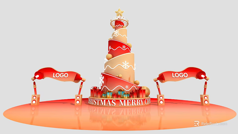 Christmas Themed Multi Layer Cake With Red Beige Decorations Star And Gift Boxes 3d model