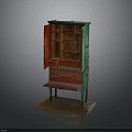 Vintage Green And Red Cabinet With Multiple Shelves Drawers And Wooden Stand
