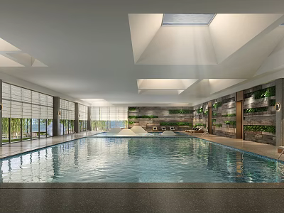 Modern Indoor Swimming Pool With Skylights Vertical Green Walls And Seating Area 3d model