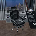 Modern Gray Office Desk and Chair Set With Laptop Keyboard Desk Lamp and City View