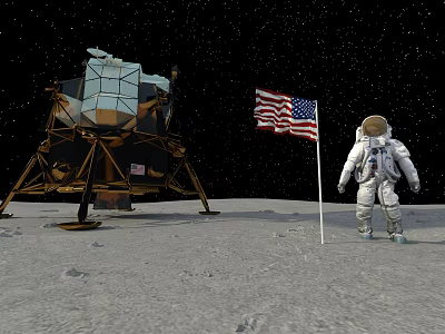 Astronaut Standing On Lunar Surface Next To American Flag And Lunar Lander With Starry Sky 3d model
