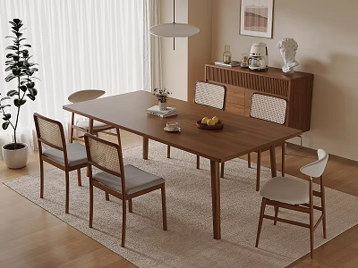 Minimalist Dining Room Interior With Wooden Table Chairs Rug Pendant Light Plant And Cabinet 3d model