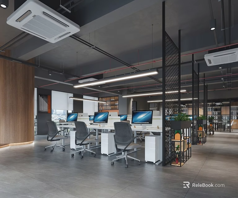 Modern Public Office Interior Design With Workstations Computers And Pendant Lighting 3d model