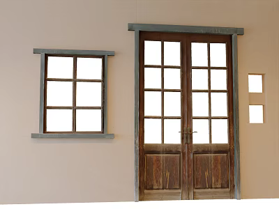 Wooden Double Doors With Glass Panels On Light Wall Near Window 3d model