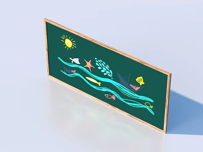 Decorative Green Board With Colorful Sun Fish Starfish Seashell And Wave Drawings 3d model