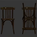 Vintage Wooden Chairs with Armrests Worn Surface Three Stacked and Standing Gray Background Reflective Floor
