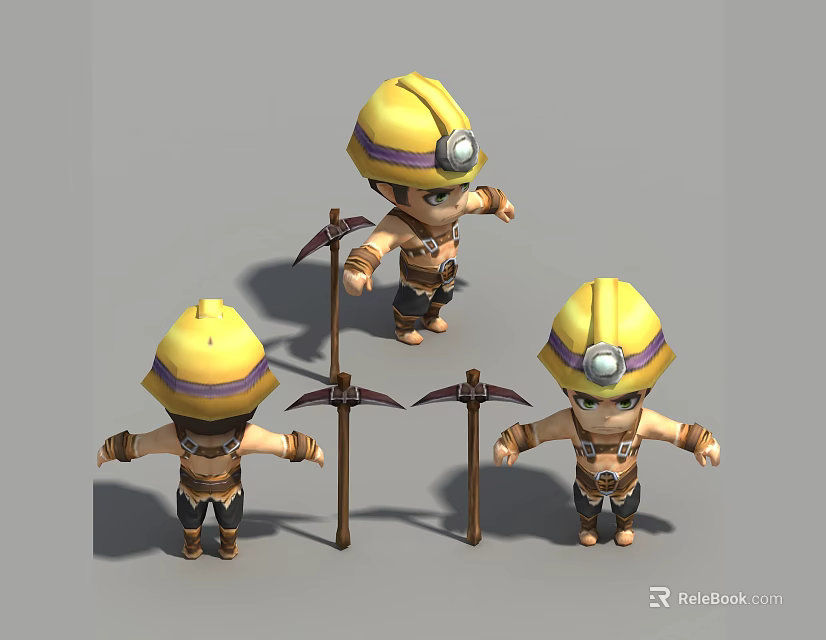 Cartoon Miners With Yellow Hard Hats Holding Pickaxes In Three Poses 3d model 