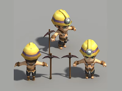 Cartoon Miners With Yellow Hard Hats Holding Pickaxes In Three Poses 3d model