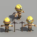 Cartoon Miners With Yellow Hard Hats Holding Pickaxes In Three Poses
