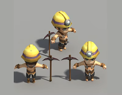 Cartoon Miners With Yellow Hard Hats Holding Pickaxes In Three Poses 3d model