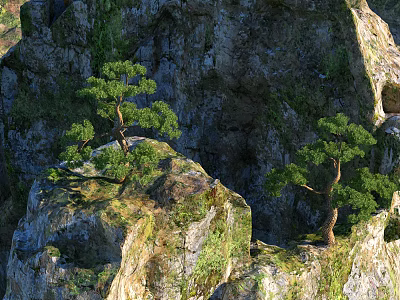 Natural Garden Landscape With Rocky Terrain Pine Trees And Mossy Surfaces 3d model