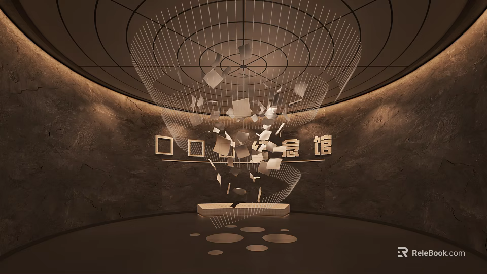 Modern Gallery Interior With Floating Cubes Geometric Decor Grid Ceiling And Lighting 3d model 