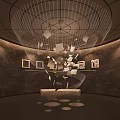 Modern Gallery Interior With Floating Cubes Geometric Decor Grid Ceiling And Lighting 3d model