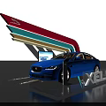 Automotive Display Shelf Featuring Blue Jaguar XEL Car on Colorful Curved Exhibition Platform
