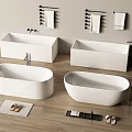 Various Shaped White Bathtubs In Bathroom Interior With Towel Racks Towels And Faucets
