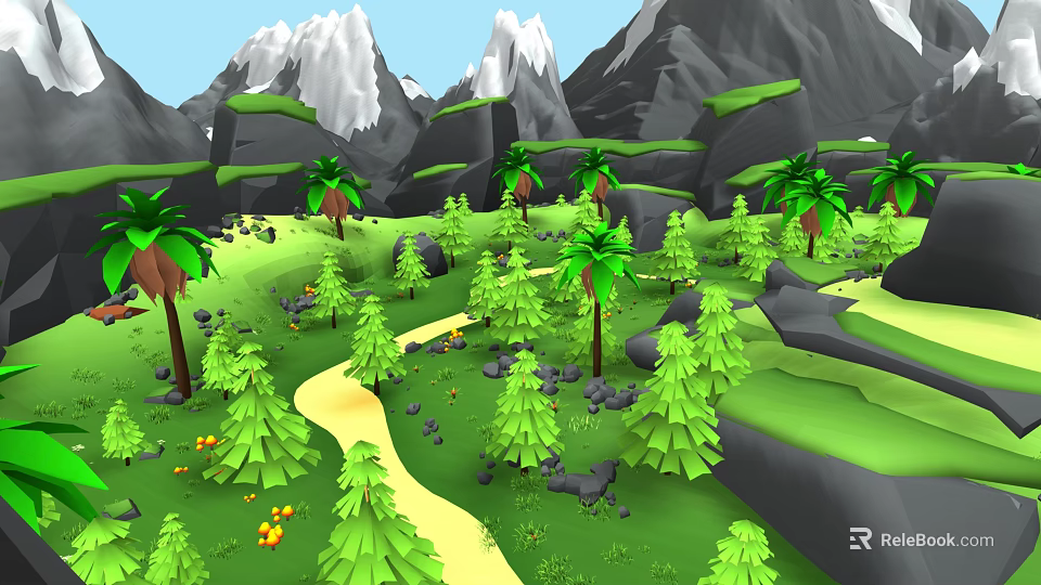 Garden Landscape With Mountains Green Meadows Palm Trees Pine Trees Yellow Flowers Stream And Rocks 3d model 