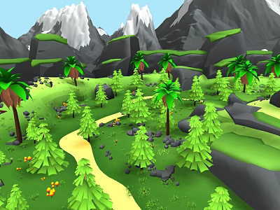 Garden Landscape With Mountains Green Meadows Palm Trees Pine Trees Yellow Flowers Stream And Rocks 3d model
