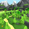 Garden Landscape With Mountains Green Meadows Palm Trees Pine Trees Yellow Flowers Stream And Rocks