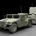 Military Weapon System Mounted On Green Humvee Vehicle Towing Radar Equipment Unit