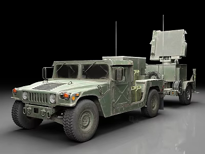 Military Weapon System Mounted On Green Humvee Vehicle Towing Radar Equipment Unit 3d model