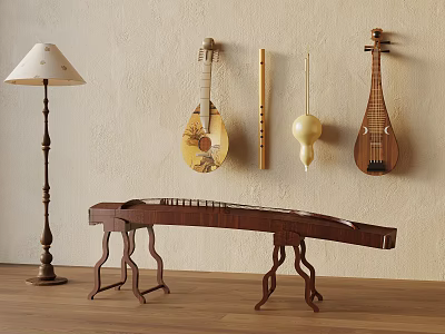 Traditional Musical Instruments Display With Wall Mounted Lutes Flute Gourd And Floor Standing Zither 3d model