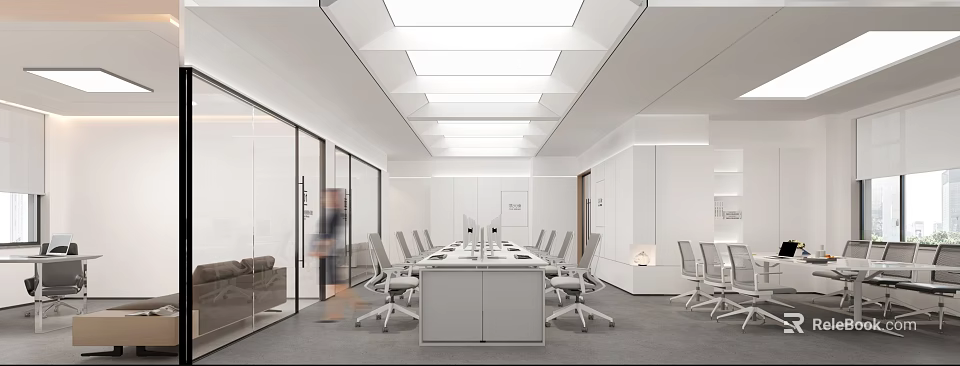 Modern Public Office Space with Long Conference Table Office Chairs Glass Partitions and Ceiling Lights 3d model 