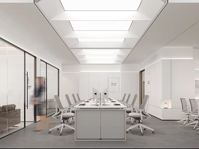 Modern Public Office Space with Long Conference Table Office Chairs Glass Partitions and Ceiling Lights 3d model