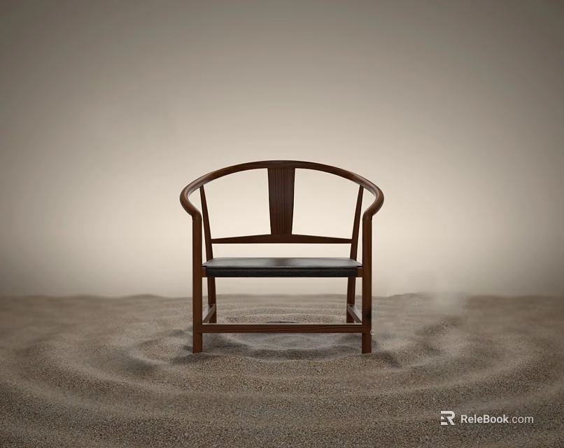 Dark Wooden Chair With Curved Armrests Placed On Sandy Ground With Light Background 3d model 