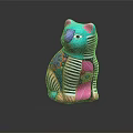 Vibrant Turquoise Cat Decorative Figurine With Floral Patterns Striped Details And Colorful Design