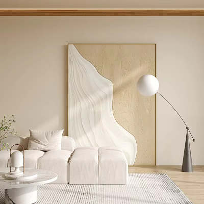 Cozy Living Room With Abstract Wall Art White Sofa And Floor Lamp 3d model