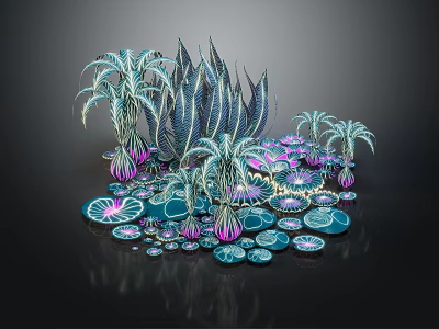 Vibrant Dreamy Futuristic Plants with Palm like Blue Green Purple Gradient Round Floating Water Leaves 3d model