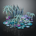 Vibrant Dreamy Futuristic Plants with Palm like Blue Green Purple Gradient Round Floating Water Leaves